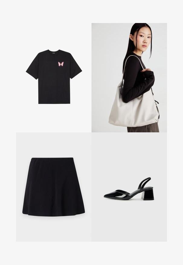 T-shirt nera in cotone con maniche corte, caratterizzata da una piccola grafica di una farfalla rosa sul lato sinistro del petto. Design a girocollo con una vestibilità rilassata.; Gonna nera, di lunghezza sopra il ginocchio, realizzata in un tessuto leggero con una sottile trama, presenta un design svasato e una vita elastica.; Décolleté in vernice nera con punta affusolata e tacco in geometria cubica. Presentano un design elegante e minimalista, con una texture liscia.; Borsa a mano beige realizzata in materiale morbido, caratterizzata da un design morbido, dettagli cuciti e due manici. Adatta per l'uso quotidiano.