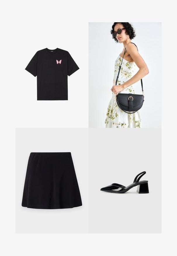 Tricou negru din bumbac cu mâneci scurte, având pe partea stângă a pieptului un mic grafic cu un fluture roz. Design cu guler rotund și croială lejeră.; Fustă neagră, de lungime deasupra genunchiului, realizată dintr-un material ușor cu o textură subtilă, are un design evazat și un elastic în talie.; Pantofi cu toc slingback din piele lacuită neagră, cu vârf ascuțit și toc geometric. Prezintă un design elegant, minimalist și o textură netedă.; Geantă din piele neagră, cu o formă curbată, curea detașabilă și accesorii aurii. Geanta are un capac cu un detaliu tip cataramă.