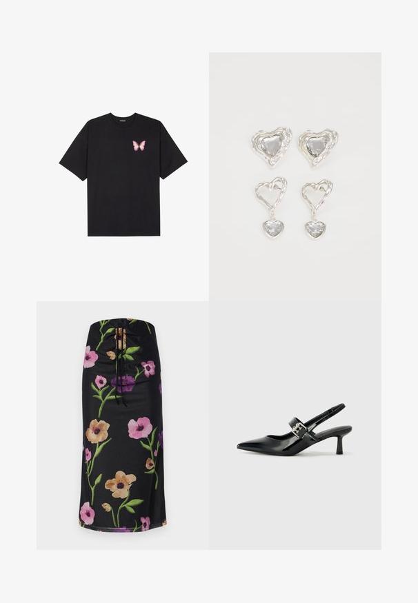 Juodas medvilnės marškinėliai trumpomis rankovėmis, su maža rožine drugelio grafika kairėje krūtinės pusėje. Apvalus kaklo iškirpimas, laisvas kirpimas.; Gėlių rašto midi sijonas su juodu fono, didelėmis rožinėmis, violetinėmis ir smėlio spalvos gėlėmis, su raišteliu juosmens srityje, lygios medžiagos.; Juodai lakuoti slingback aukštakulniai su smailiu kojų pirštu ir mažais blokiniais kulniukais, su sidabro sagtimi ant dirželio.; Sidabrinės širdelės formos auskarai puošti facetuotais skaidriais akmenimis, su tekstūruotu rėmu. Rinkinį sudaro tiek auskarai-stud, tiek kabančios formos.