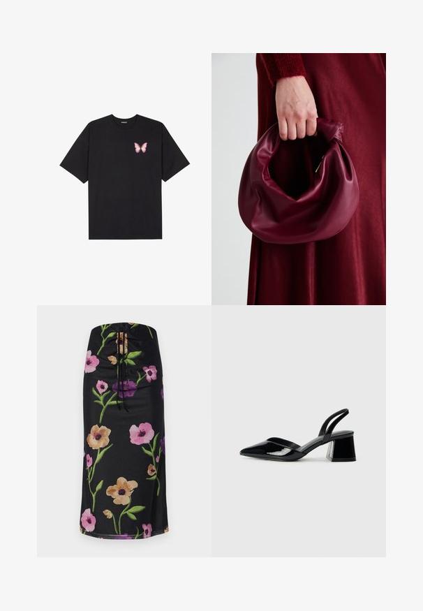 T-shirt de algodão preto com mangas curtas, apresentando um pequeno gráfico de borboleta rosa no lado esquerdo do peito. Design de gola redonda com um corte solto.; Saia midi com estampado floral, apresentando um fundo preto, com grandes flores em rosa, roxo e bege, ajuste com cordão na cintura e tecido suave.; Sandy em verniz preto com salto slingback, ponta afilada e salto geométrico. Apresenta um design elegante e minimalista com textura suave.; Bolsa de couro bordô com um design suave e franzido, e uma forma arredondada. A alça é fixa, apresentando uma textura suave.