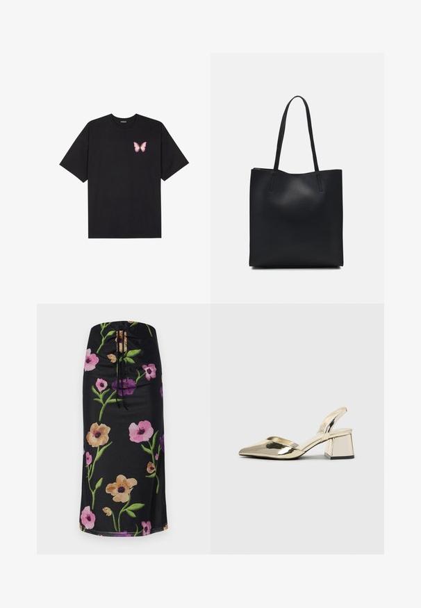 Black cotton t-shirt with short sleeves, featuring a small pink butterfly graphic on the left chest. Crew neck design with a relaxed fit.; Floral-print midi skirt featuring a black background, with large pink, purple, and beige flowers, drawstring closure at the waist, smooth fabric.; Gold, metallic slingback heels with a pointed toe and chunky heel. Smooth texture, minimalistic design, and a narrow strap.; Black leather tote bag with smooth texture, rectangular shape, and two long handles. No visible hardware or embellishments.