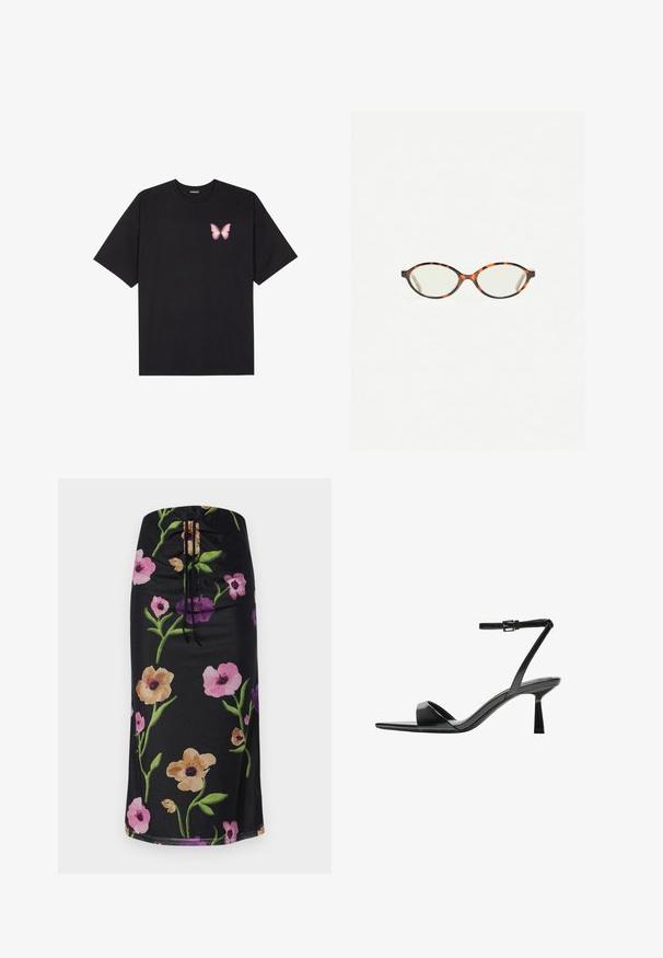 Musta puuvillapaita lyhyillä hihoilla, jossa on pieni vaaleanpunainen perhosgrafiikka vasemmassa rinnassa. Pyöreä kaula-aukko ja rento istuvuus.; Midihame kuvitettuna kukilla, jossa on musta tausta, suuria vaaleanpunaisia, violetteja ja beigen värisiä kukkia, naru suljenta vyötäröllä, sileä kangas.; Bershka Korolliset sandaalit - black; Kilpikonnakuosiset silmälasit, joissa on soikeat linssit ja tyylikäs, sileä pinta. Ominaisuudet: ohuet sivut, joissa on hienovarainen kaari temppeleissä. Kirkkaat linssit.