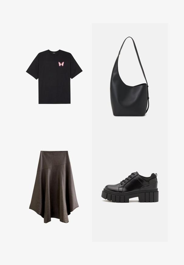 Fekete pamut póló rövid ujjakkal, bal mellkason egy kis rózsaszín pillangó grafikával. Kerek nyakú kialakítás, laza fazonnal.; Sötétbarna műbőr aszimmetrikus midi szoknya varrott panelekkel és fodros szegéllyel.; Fekete bőr platform cipők vaskos blokk sarkakkal, kerek orral és hagyományos fűzős kialakítással. Simára csiszolt felület és minimális részletezés jellemzi.; Fekete bőr hobo táska sima textúrával, ívelt formával és egyetlen állítható pánttal; széles nyílás található a tetején.