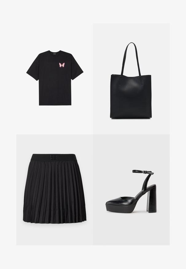 T-shirt de algodão preto com mangas curtas, apresentando um pequeno gráfico de borboleta rosa no lado esquerdo do peito. Design de gola redonda com um corte solto.; Saia preta plissada com uma textura suave, apresentando uma cintura preta sólida e um detalhe de logotipo embutido na parte da frente.; Saltos altos pretos com bico fino e atilho ajustável no tornozelo. Confeccionados em couro suave, apresentam um salto bloco robusto.; Bolsa tote preta em couro com textura lisa, forma retangular e duas alças longas. Sem hardware ou enfeites visíveis.