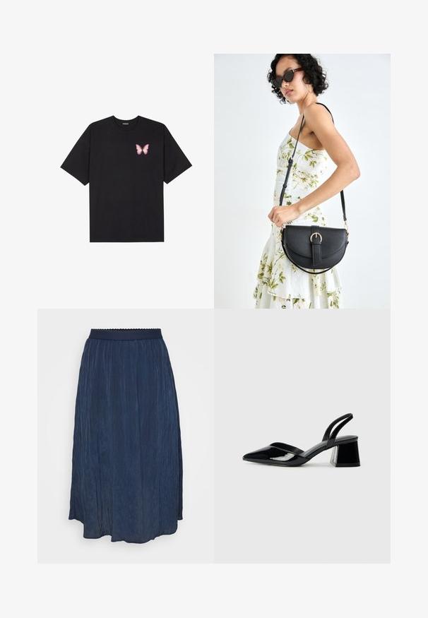 T-shirt de algodão preto com mangas curtas, apresentando um pequeno gráfico de borboleta rosa no lado esquerdo do peito. Design de gola redonda com um corte solto.; Saia plissada azul-marinho com um cós com bordas em forma de ondulação. Feita de tecido leve, a saia tem um design fluido e uma textura suave.; Sandy em verniz preto com salto slingback, ponta afilada e salto geométrico. Apresenta um design elegante e minimalista com textura suave.; Bolsa de couro preta com forma curva, alça destacável e detalhes em dourado. A bolsa possui uma aba com detalhe de fivela.