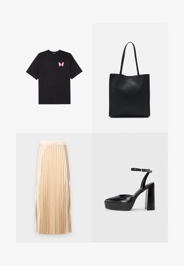 Svart bomulls T-skjorte med korte ermer, med en liten rosa sommerfugl grafikk på venstre bryst. Crew-neck design med en avslappet passform.; Plisserte midi-skjørt i lys beige satin, med elastisk midje og glatt tekstur, med vertikale striper som forbedrer designet.; Sorte plattformhelter med spiss tå og justerbar ankelrem. Laget av glatt lær, med en robust blokkhel.; Svart lær tote bag med glatt tekstur, rektangulær form og to lange håndtak. Ingen synlige deler eller dekorasjoner.