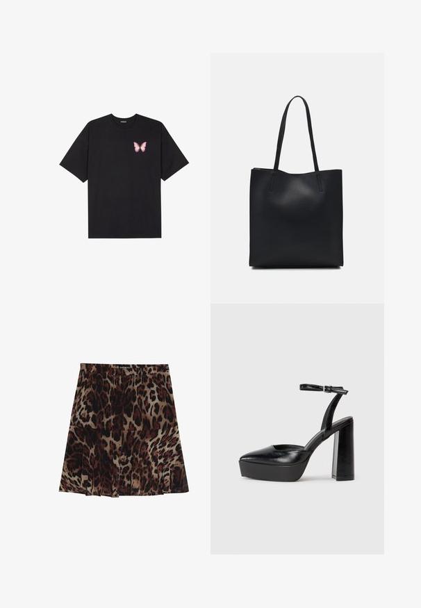 Svart bomulls T-skjorte med korte ermer, med en liten rosa sommerfugl grafikk på venstre bryst. Crew-neck design med en avslappet passform.; Midiskjørt med leopardmønster og plisserte detaljer, med en tan bunnfarge og mørkebrune og sorte flekker. Elastisk midjebånd for god passform.; Sorte plattformhelter med spiss tå og justerbar ankelrem. Laget av glatt lær, med en robust blokkhel.; Svart lær tote bag med glatt tekstur, rektangulær form og to lange håndtak. Ingen synlige deler eller dekorasjoner.