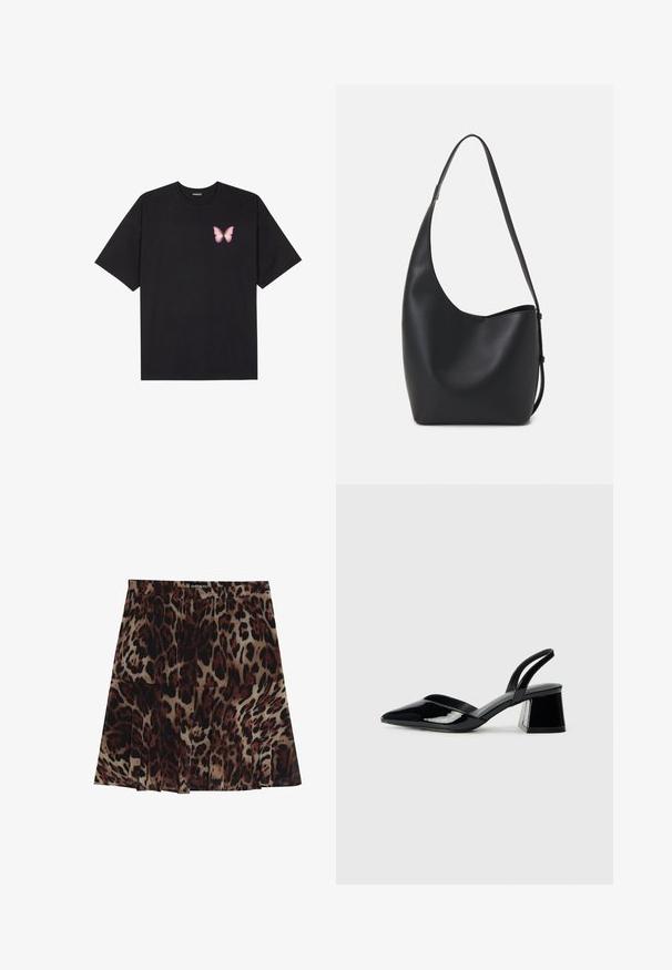 Melna kokvilnas T-krekls ar īsām piedurknēm, kuram priekšā kreisajā pusē ir neliels rozā tauriņa grafiskais attēls. Ar apaļu kaklu un brīvā stila piegriezumu.; Lepardsku rakstu vidēja garuma svārki ar krokotām detaļām, kas izstrādāti ar gaiši brūnu pamatkrāsu un tumši brūnām un melnām plankumiem. Elastīga jostasvieta ērtai valkāšanai.; Melna lakota āda ar atvērto papēdi, ar smailu purngalu un ģeometrisku blokpapēdi. Iezīmējas elegants, minimāls dizains un gluda tekstūra.; Melnas ādas hobo soma ar gludu tekstūru, izliekta forma un vienu regulējamu jostu; augšā ir plaša atvere.