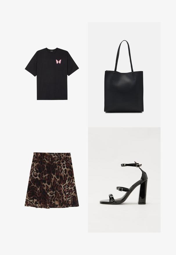 Sort bomulds T-shirt med korte ærmer, prydet med en lille pink sommerfugl grafik på venstre bryst. Rund hals design med en afslappet pasform.; Leopardmønstret midiskirt med plisseret design, der har en tan basisfarve med mørkebrune og sorte pletter. Elastisk talje for bedre pasform.; Sorte patenterede hælsandaler med firkantet tå, ankelremme og sølvspænder. Har en chunky blokHæl for stabilitet.; Sort læder tote taske med glat tekstur, rektangulær form og to lange hanke. Ingen synlig hardware eller udsmykninger.