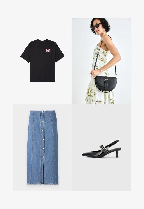 Crna pamučna majica s kratkim rukavima, s malim grafičkim prikazom ružičaste vjetricaste s desne strane na prsima. Dizajn s okruglim izrezom i opuštenim krojem.; Traper suknja svijetlo plave boje sa ravnom siluetom. Ima prednje kopčanje na dugmad, vertikalne šavove i sirovi rub na dnu.; Crne lakirane slingback potpetice s oštrim prstom i malom blok petom, s naglaskom na srebrnoj kopči na remenu.; Crna kožna torba s lukovitim oblikom, odvojivim remenom i zlatnim detaljima. Torba ima preklop s kopčom.