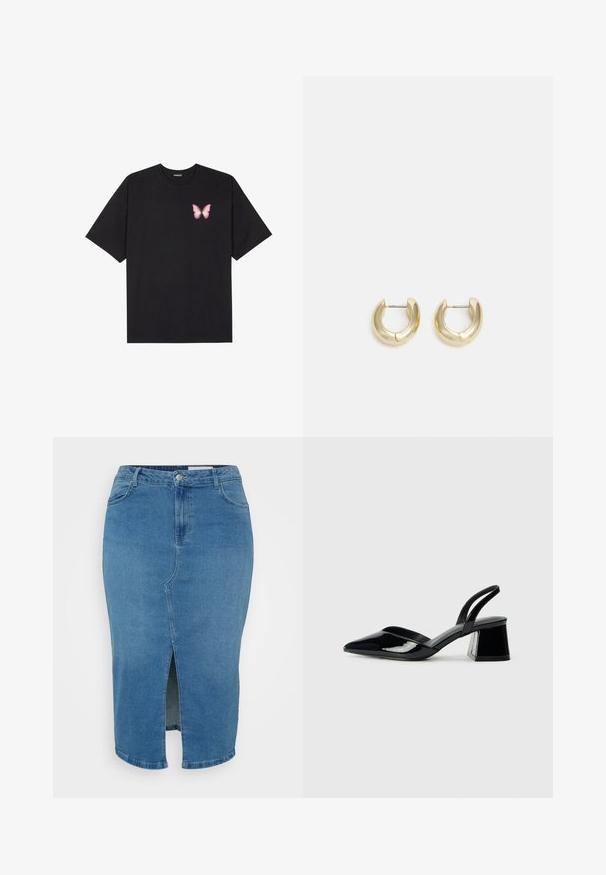 Svart bomullströja med korta ärmar, med en liten rosa fjärilsgrafik på vänster bröst. Rundad halsdesign med en avslappnad passform.; Jeanskjol i ljusblått. Har en slits framtill, knäppning och standardmidja. Slät textur och ankel-lång design.; Svarta lackläder slingback klackar med spetsig tå och geometrisk klack. Har en elegant, minimalistisk design och slät yta.; Guldtonade ringörhängen med en slät, polerad yta. Har en halvcirkelform och en säker bakgång.