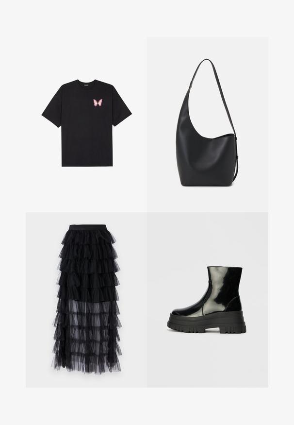 Črna bombažna majica s kratkimi rokavi, ki ima majhen roza metuljček na levi strani prsnega dela. Majica s krožnim ovratnikom in sproščenim krojem.; VILA VIEVELYN MIDI SKIRT - Dolgo krilo - black; Črne sijajne gležnjarje z debelim profilom podplata in zaobljenim nosom, stranski pogled na enostavni svetlo sivi ozadju.; Črna usnjena hobo torba z gladko teksturo, ukrivljeno obliko in eno nastavljivo naramnico; ima širok odprtina na vrhu.