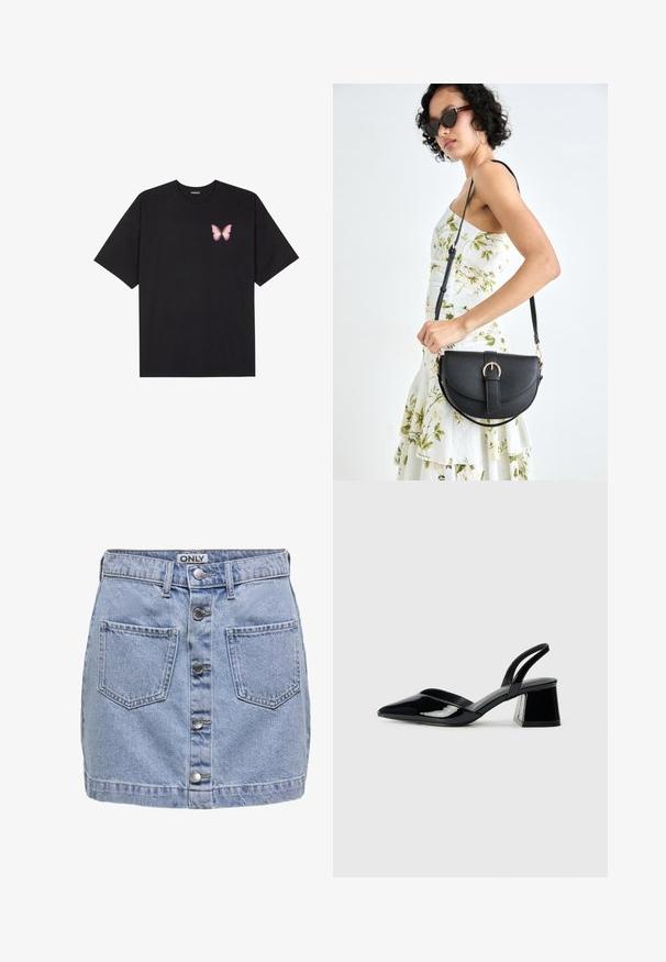 Must muströöpidega must puuvillane T-särk, vasakul rinnal on väike roosa liblikas. Ümar kaelus ja vabalt istuv lõige.; Helesinine denimikleit, mis sisaldab viit esist nuppu, kahte klapptaskut ja veidi kulunud tekstuuri. Labels on kirjas "ONLY."; Mustad musta lakknahk kingad, millel on terav varvas ja geomeetriline plokkkonts. Omab elegantselt minimalistlikku disaini ja sujuvat tekstuuri.; Mustmust mustraha kõverate joontega, eemaldatava rihmaga ja kuldsete detailidega. Kotil on klapp, millel on pandladetail.