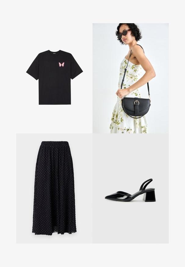 Black cotton t-shirt with short sleeves, featuring a small pink butterfly graphic on the left chest. Crew neck design with a relaxed fit.; Black maxi skirt with a diamond-patterned mesh texture, elastic waistband, and slight gathering at the top, featuring silver accents throughout.; Black patent leather slingback heels with a pointed toe and a geometric block heel. Features a sleek, minimal design and smooth texture.; Black leather handbag with a curved shape, detachable strap, and gold hardware. The bag features a flap with a buckle detail.