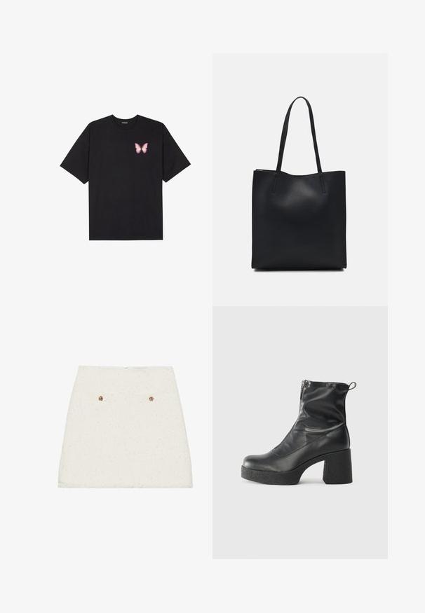 Camiseta de algodón negra de manga corta, con un pequeño gráfico de mariposa rosa en el lado izquierdo del pecho. Diseño de cuello redondo con un corte relajado.; Mini falda de tweed blanca con un acabado texturizado, que presenta dos bolsillos traseros y acentos de botones dorados. El dobladillo está ligeramente deshilachado.; Botines negros de tobillo, hechos de cuero suave, con cierre lateral, tacón grueso texturizado y diseño de punta redondeada.; Bolso tote de cuero negro con textura lisa, forma rectangular y dos asas largas. Sin herrajes ni adornos visibles.