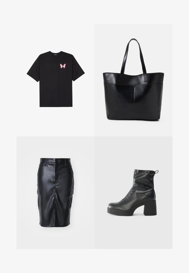 Musta puuvillapaita lyhyillä hihoilla, jossa on pieni vaaleanpunainen perhosgrafiikka vasemmassa rinnassa. Pyöreä kaula-aukko ja rento istuvuus.; Musta keinonahkainen kynähame, jossa on puolipitkä muotoilu, etupainikkeet ja kaksi sivutaskua. Sujuva pinta.; Mustat nilkkurit, jotka on valmistettu sileästä nahasta. Niissä on sivuvetoketju, paksu teksturoitu korko ja pyöristetty kärki.; Musta nahkainen kassi, jossa on kaksi pitkää kahvaa, sileä pinta ja jämäkkä muoto. Sisältää etutaskun lisävarastointia varten.