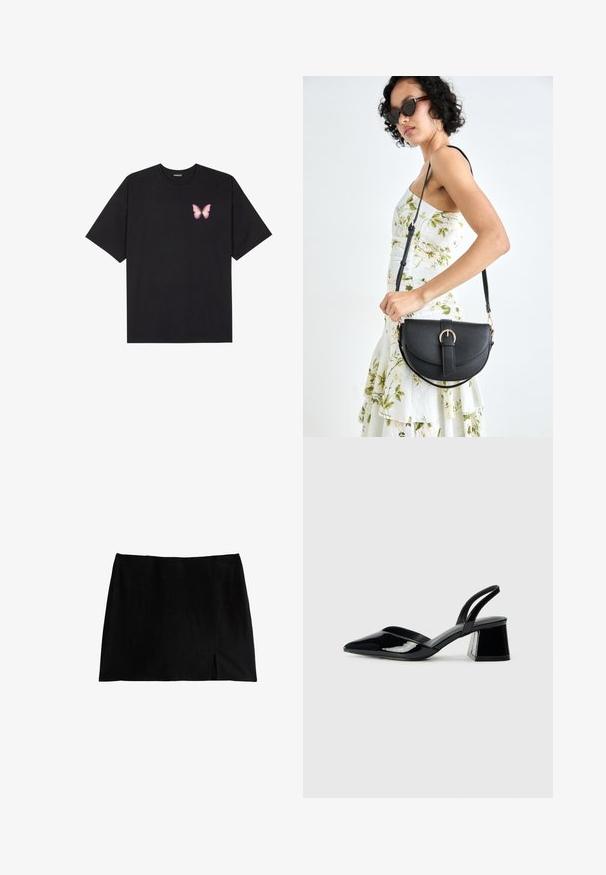 Camiseta de algodón negra de manga corta, con un pequeño gráfico de mariposa rosa en el lado izquierdo del pecho. Diseño de cuello redondo con un corte relajado.; Minifalda negra con un diseño recto, que presenta una abertura en la parte delantera. Hecha de una tela suave con acabado mate. Silueta simple y clásica.; Zapatos de tacón slingback de charol negro con punta afilada y tacón geométrico en bloque. Presentan un diseño elegante y minimalista, así como una textura suave.; Bolso de piel negra con forma curva, correa desmontable y herrajes dorados. El bolso cuenta con una solapa con un detalle de hebilla.