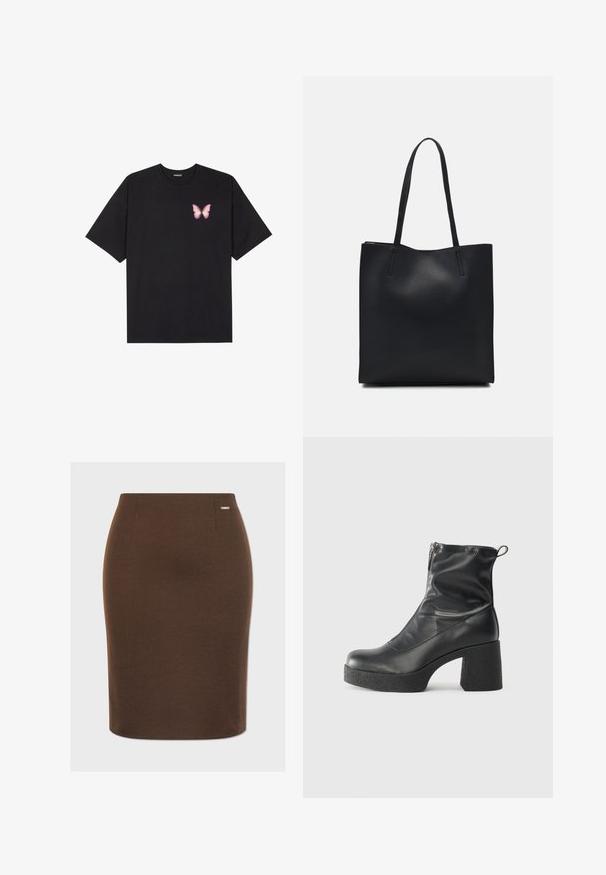 Čierne bavlnené tričko s krátkymi rukávmi, s malým ružovým motýlikom na ľavej hrudi. Design s okrúhlym výstrihom a uvoľneným strihom.; Hnedá sukňa v ceruzkovom strihu vyrobená z elastického materiálu s hladkou textúrou. Má priliehavý strih a malý kovový logotyp na páse.; Čierne členkové topánky z hladkej kože, so bočným zipsom, robustnou textúrovanou pätnou časťou a zaobleným dizajnom špičky.; Čierna kožená taška na rameno s hladkým povrchom, obdĺžnikovým tvarom a dvoma dlhými uchami. Bez viditeľného kovania alebo ozdôb.