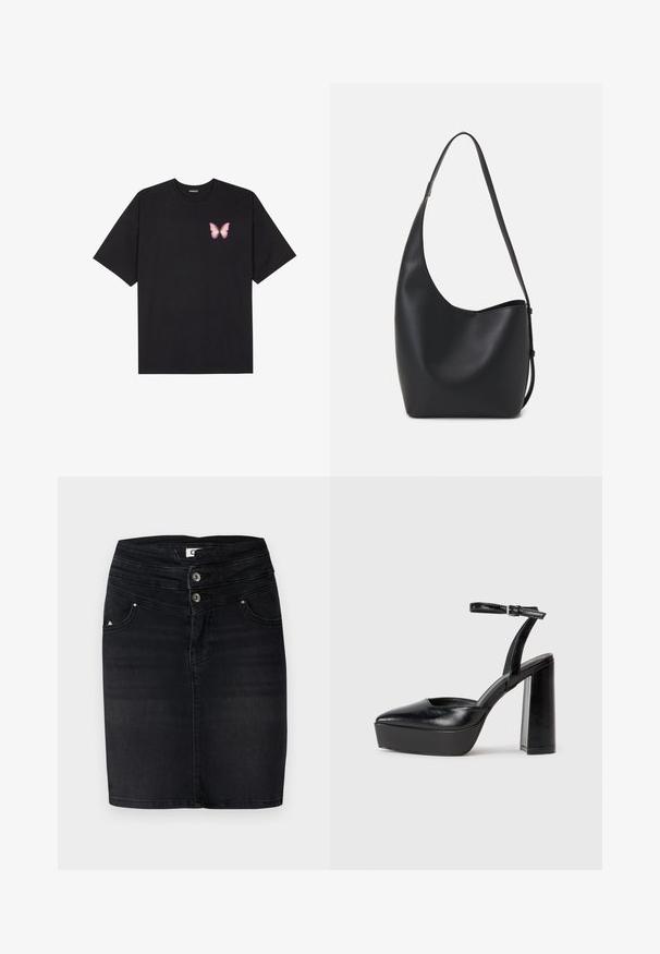 Crna pamučna majica s kratkim rukavima, s malim grafičkim prikazom ružičaste vjetricaste s desne strane na prsima. Dizajn s okruglim izrezom i opuštenim krojem.; Crna traper suknja s prilagođenim krojem, dva dugmeta na struku i prednje džepove s suptilnim logotipom na strani.; Crne platforme s potpeticom s oštrim vrhom i podešivom naramenicom. Izrađene od glatke kože, s masivnom blok petom.; Crna kožna hobo torba s glatkom teksturom, zakrivljenim oblikom i jednom podesivom trakicom; ima širok otvor na vrhu.
