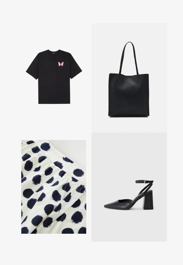 Svart bomullströja med korta ärmar, med en liten rosa fjärilsgrafik på vänster bröst. Rundad halsdesign med en avslappnad passform.; Vit tygkjol med marinblå cirkulära prickar. Kjolen har en rynkad midja och en slät textur.; Svart läderpumps med spetsig tå, ankelrem och kraftig klack. Slät textur, stilren design och minimalistisk estetik.; Svart lädertoffelväska med slät textur, rektangulär form och två långa handtag. Ingen synlig hårdvara eller dekorationer.