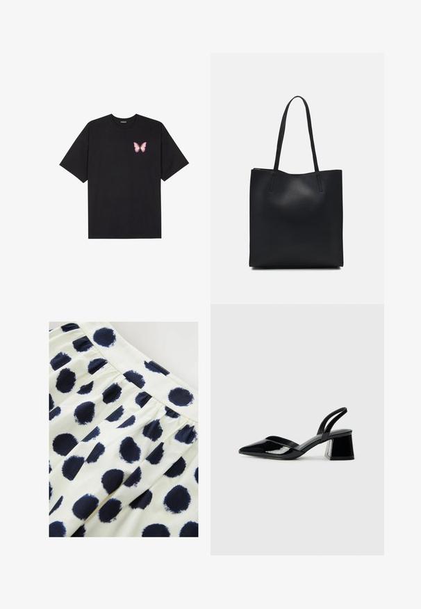 Zwarte katoenen t-shirt met korte mouwen, voorzien van een kleine roze vlinder graphic op de linkerkant van de borst. Crew neck ontwerp met een relaxte fit.; Witte stoffen rok met marineblauwe ronde stippen. De rok heeft een gathered taille en een gladde textuur.; Zwarte gepatineerde leren slingback hakken met een spitse neus en een geometrische blokhak. Kenmerkt zich door een slank, minimalistisch ontwerp en een gladde textuur.; Zwarte leren handtas met een gladde textuur, rechthoekige vorm en twee lange handvaten. Geen zichtbare hardware of versieringen.