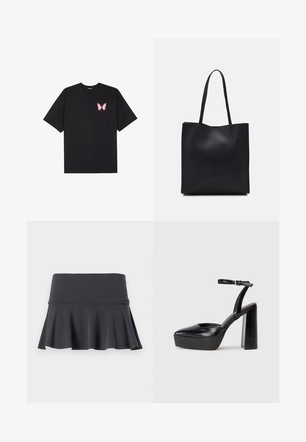 Schwarzes Baumwoll-T-Shirt mit kurzen Ärmeln, das ein kleines pinkes Schmetterlingsmotiv auf der linken Brust zeigt. Crewneck-Design mit einem entspannten Schnitt.; Grau ausgestellter Rock aus weichem Stoff mit einem schmalen Bund. Der Saum sorgt für eine sanfte Ausstrahlung und fördert die Bewegungsfreiheit sowie den Komfort.; Schwarze Plateau-High Heels mit spitzem Zeh und verstellbarem Knöchelriemen. Gefertigt aus glattem Leder und mit einem klobigen Blockabsatz.; Schwarze Laptoptasche aus Leder mit glatter Textur, rechteckiger Form und zwei langen Griffen. Keine sichtbaren Beschläge oder Verzierungen.