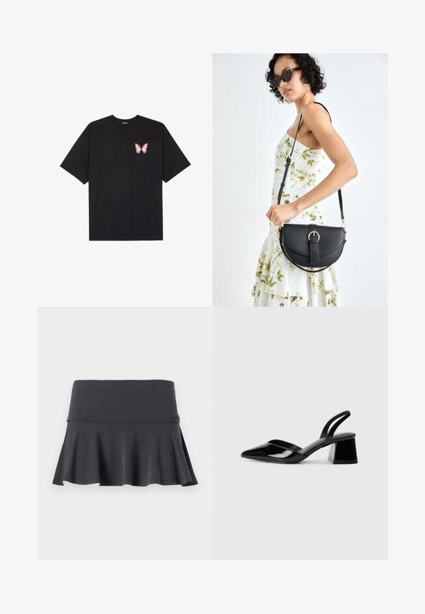 Črna bombažna majica s kratkimi rokavi, ki ima majhen roza metuljček na levi strani prsnega dela. Majica s krožnim ovratnikom in sproščenim krojem.; Siva krilna krila iz mehkega materiala s prilegajočim se pasom. Rob dodaja nežen razpuščaj, kar povečuje gibljivost in udobje.; Črne lakirane slingback pete s koničastim nosom in geometrijsko blokasto peto. Imajo eleganten, minimalističen dizajn in gladko teksturo.; Črna usnjena torbica s ukrivljeno obliko, z odstranljivo naramnico in zlatimi dodatki. Torbica ima pokrov s podrobnostmi v obliki zaponke.