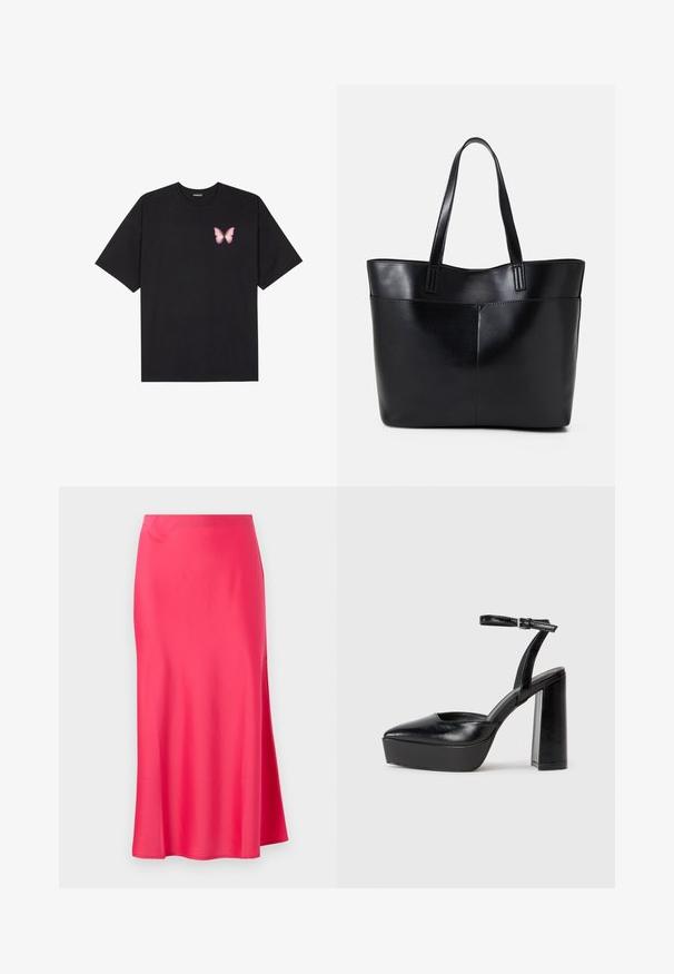Zwarte katoenen t-shirt met korte mouwen, voorzien van een kleine roze vlinder graphic op de linkerkant van de borst. Crew neck ontwerp met een relaxte fit.; Satijnen midi rok in felroze met een zijsplit. Zachte textuur, rechte silhouet en een eenvoudige tailleband zonder versieringen.; Zwarte plateauhakken met een puntige neus en verstelbare enkelband. Gemaakt van soepel leer, met een robuuste blokhak.; Zwarte leren tote bag met twee lange handvatten, een zachte textuur en een gestructureerde vorm. Voorzien van een voorvak voor extra opslagruimte.