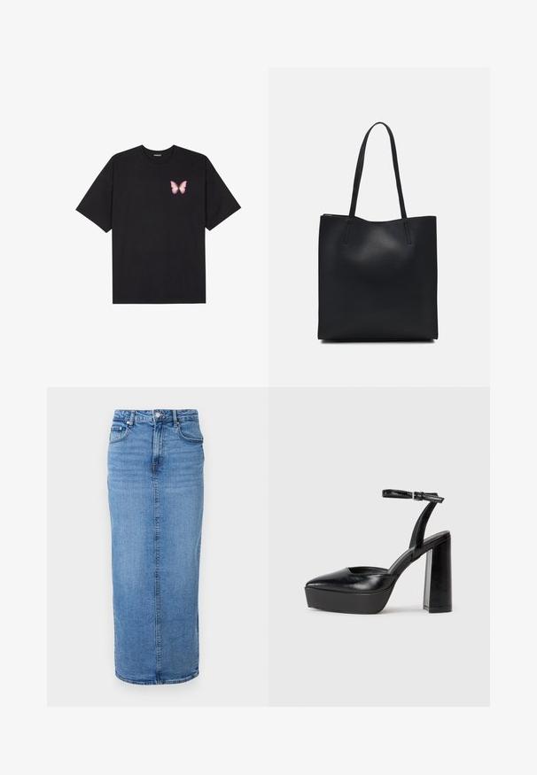 T-shirt en coton noir à manches courtes, avec un petit graphique de papillon rose sur la poitrine gauche. Modèle à col rond avec une coupe décontractée.; Jupe en denim avec une silhouette droite, de couleur bleu moyen, taille haute, fermeture éclair et bouton, et détails de couture minimaux. Longueur mi-mollet.; Escarpins noirs à plateforme avec un bout pointu et une sangle réglable à la cheville. Conçus en cuir lisse, avec un large talon bloc.; Sac fourre-tout en cuir noir avec une texture lisse, de forme rectangulaire et deux longues poignées. Pas de matériel ou d'ornementations visibles.