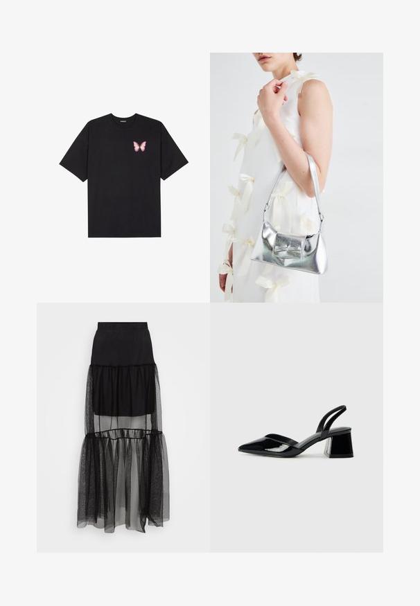 Sort bomulds T-shirt med korte ærmer, prydet med en lille pink sommerfugl grafik på venstre bryst. Rund hals design med en afslappet pasform.; Sorte lagdelte nederdel med en gennemsigtig, tekstureret nederste sektion, elastisk talje og en flydende design. Bestående af lette materialer.; Sorte patentlæder slingback hæle med spids tå og en geometrisk blok hæl. Har et elegant, minimalistisk design og en glat tekstur.; Sølvmetallic håndtaske med en struktureret form, der har et topgreb og en sløjfedetalje på forsiden. Glat tekstur, reflekterende finish.