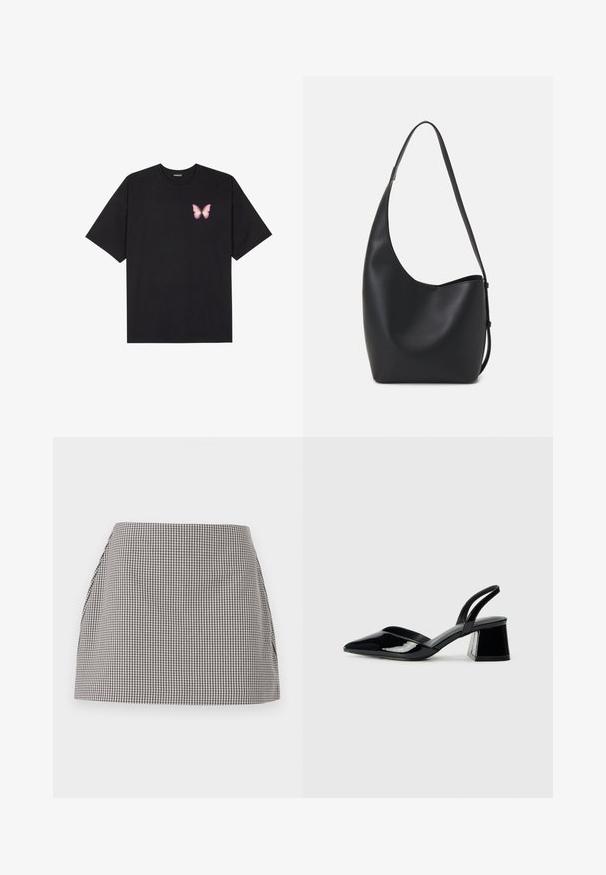 Camiseta de algodón negra de manga corta, con un pequeño gráfico de mariposa rosa en el lado izquierdo del pecho. Diseño de cuello redondo con un corte relajado.; Falda de cuadros vichy en blanco y negro con corte recto, lados plisados y una textura suave. La tela presenta un patrón de cuadros pequeño.; Zapatos de tacón slingback de charol negro con punta afilada y tacón geométrico en bloque. Presentan un diseño elegante y minimalista, así como una textura suave.; Bolso tipo hobo de cuero negro con una textura suave, forma curvada y una sola correa ajustable; presenta una amplia apertura en la parte superior.