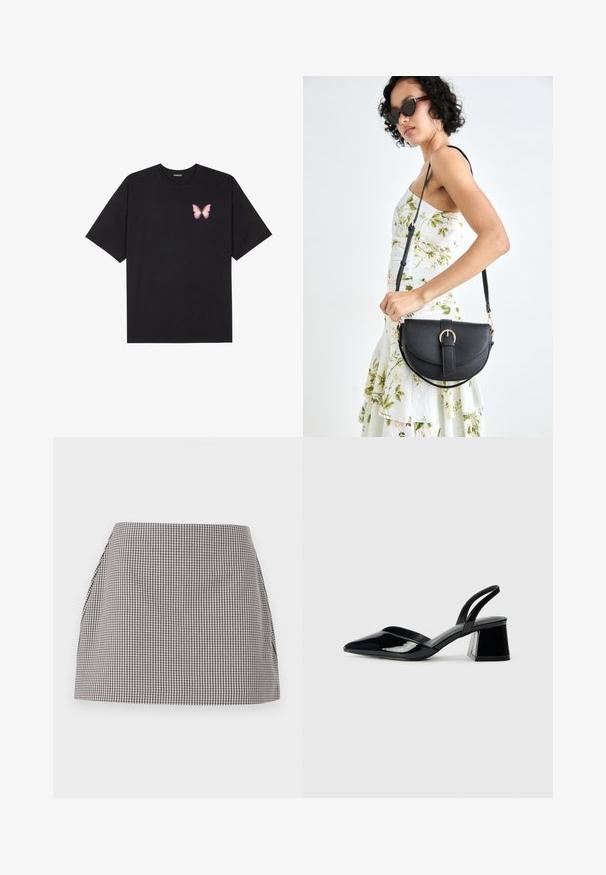 Black cotton t-shirt with short sleeves, featuring a small pink butterfly graphic on the left chest. Crew neck design with a relaxed fit.; Black and white gingham skirt with a straight cut, pleated sides, and a smooth texture. The fabric features a small check pattern.; Black patent leather slingback heels with a pointed toe and a geometric block heel. Features a sleek, minimal design and smooth texture.; Black leather handbag with a curved shape, detachable strap, and gold hardware. The bag features a flap with a buckle detail.