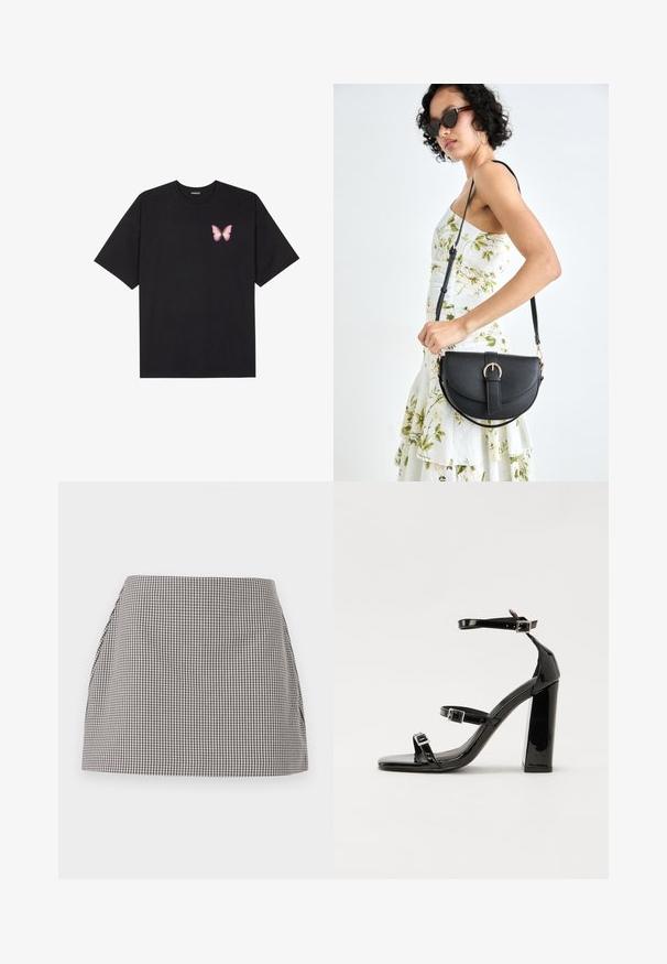 Black cotton t-shirt with short sleeves, featuring a small pink butterfly graphic on the left chest. Crew neck design with a relaxed fit.; Black and white gingham skirt with a straight cut, pleated sides, and a smooth texture. The fabric features a small check pattern.; Black patent high-heeled sandals with two buckle straps, square toe, and a chunky block heel, featuring a smooth, glossy texture.; Black leather handbag with a curved shape, detachable strap, and gold hardware. The bag features a flap with a buckle detail.