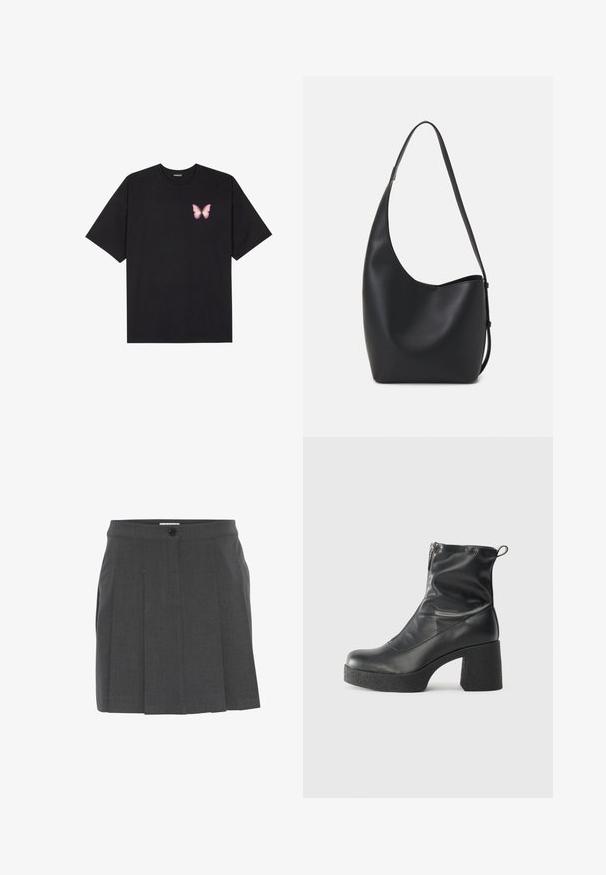 Sort bomulds T-shirt med korte ærmer, prydet med en lille pink sommerfugl grafik på venstre bryst. Rund hals design med en afslappet pasform.; Grå plisseret nederdel med en taljeelastik, med en frontknaplukning. Fremstillet af tekstureret stof, designet til en skræddersyet pasform.; Sorte ankelstøvler lavet af glat læder, med en sidelukning, kraftig struktureret hæl og rundt tådesign.; Sort læder hobo taske med en glat overflade, buet form og en enkelt justerbar rem; har en bred åbning øverst.