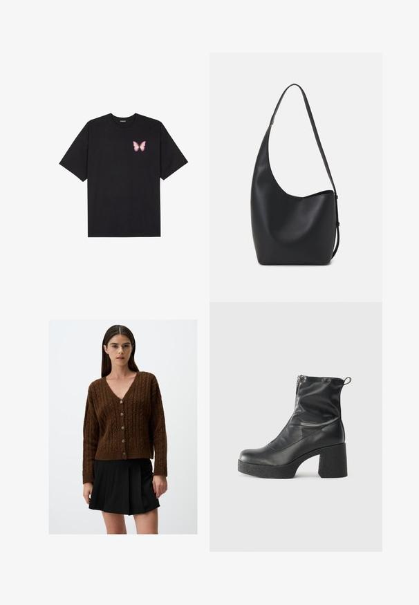 T-shirt nera in cotone con maniche corte, caratterizzata da una piccola grafica di una farfalla rosa sul lato sinistro del petto. Design a girocollo con una vestibilità rilassata.; Cardigan a maglia a treccia marrone con scollo a V e sei bottoni sul davanti; polsini e orlo a costine. Indossato sopra una gonna plissettata nera.; Stivali neri alla caviglia in pelle liscia, con zip laterale, tacco spesso e texture, e punta arrotondata.; Borsa hobo nera in pelle con una superficie liscia, forma curvata e una singola tracolla regolabile; presenta un'ampia apertura nella parte superiore.