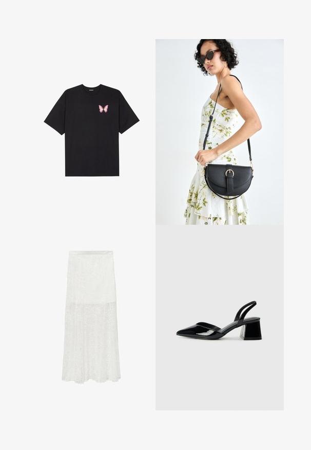 Sort bomulds T-shirt med korte ærmer, prydet med en lille pink sommerfugl grafik på venstre bryst. Rund hals design med en afslappet pasform.; Hvid blonde maxi-nederdel med subtile blomster mønstre, semi-gennemsigtig tekstur og A-line silhuet. Elastisk talje for komfort.; Sorte patentlæder slingback hæle med spids tå og en geometrisk blok hæl. Har et elegant, minimalistisk design og en glat tekstur.; Sort læderhåndtaske med en buet form, aftagelig rem og guldfinish. Tasken har en klap med en spænde detalje.