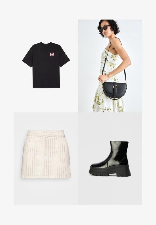 Črna bombažna majica s kratkimi rokavi, ki ima majhen roza metuljček na levi strani prsnega dela. Majica s krožnim ovratnikom in sproščenim krojem.; Kremasta krila s tankimi rdečimi navpičnimi črtami, s prilegajočim dizajnom in ravnim robom. Narejena iz lahkega materiala.; Črne sijajne gležnjarje z debelim profilom podplata in zaobljenim nosom, stranski pogled na enostavni svetlo sivi ozadju.; Črna usnjena torbica s ukrivljeno obliko, z odstranljivo naramnico in zlatimi dodatki. Torbica ima pokrov s podrobnostmi v obliki zaponke.