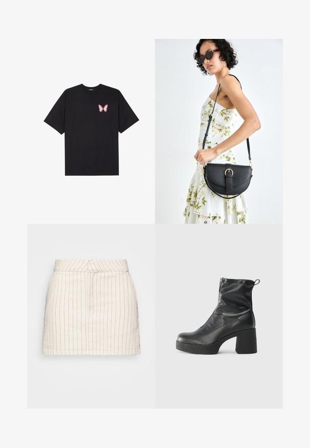 Melna kokvilnas T-krekls ar īsām piedurknēm, kuram priekšā kreisajā pusē ir neliels rozā tauriņa grafiskais attēls. Ar apaļu kaklu un brīvā stila piegriezumu.; Kremskrāsas svārki ar plānām sarkanām vertikālām svītrām, ar pieguļošu dizainu un taisnu apakšmalu. Izgatavoti no viegla auduma.; Melni potītes zābaki, kas izgatavoti no gludas ādas, ar sānu rāvējslēdzēju, masīvu strukturētu papēdi un noapaļotu purngalu.; Melnas ādas rokassoma ar izliekta formu, noņemamu siksnu un zelta aksesuāriem. Somai ir vāciņš ar sprādzes detaļu.