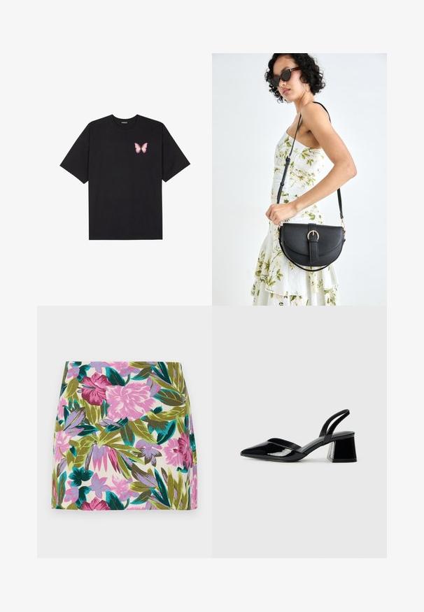 Crna pamučna majica s kratkim rukavima, s malim grafičkim prikazom ružičaste vjetricaste s desne strane na prsima. Dizajn s okruglim izrezom i opuštenim krojem.; Mini suknja s cvjetnim uzorkom koja sadrži svijetlo ružičaste i lavande cvjetove sa zelenim i plavim listovima, izrađena od lagane tkanine.; Crne lakirane kožne sandale s otvorenom petom i špicastim vrhom, s geometrijskom blok petom. Imaju elegantan, minimalistički dizajn i glatku teksturu.; Crna kožna torba s lukovitim oblikom, odvojivim remenom i zlatnim detaljima. Torba ima preklop s kopčom.