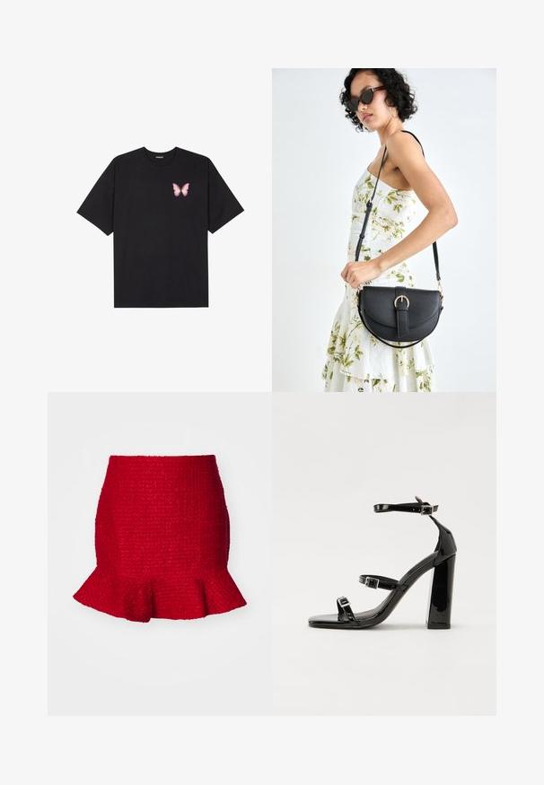 Zwarte katoenen t-shirt met korte mouwen, voorzien van een kleine roze vlinder graphic op de linkerkant van de borst. Crew neck ontwerp met een relaxte fit.; Rode gebreide minis rok met gerimpelde zoom. Gemaakt van geweven stof, heeft een aansluitende pasvorm en een subtiel patroon door het geheel.; Zwarte gepatenteerde sandalen met hak en een vierkante neus, enkelbandjes en zilveren gespen. Heeft een stevige blokhak voor stabiliteit.; Zwarte leren handtas met een gebogen vorm, afneembare schouderband en gouden hardware. De tas heeft een klep met een gespsluiting.