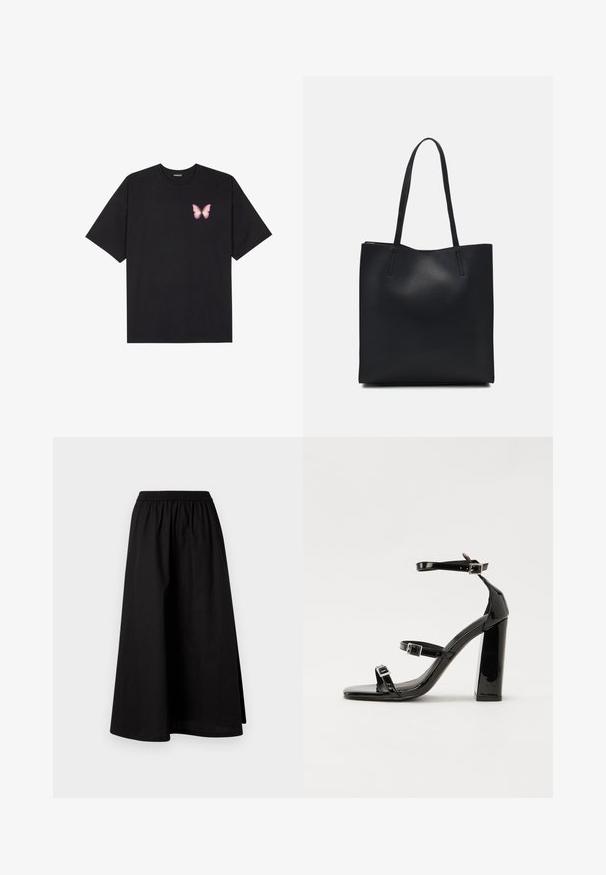 Black cotton t-shirt with short sleeves, featuring a small pink butterfly graphic on the left chest. Crew neck design with a relaxed fit.; Black, knee-length skirt made of lightweight material with an elastic waistband and a relaxed, A-line silhouette. Features no visible patterns.; Black patent heeled sandals with a square toe, ankle straps, and silver buckles. Features a chunky block heel for stability.; Black leather tote bag with smooth texture, rectangular shape, and two long handles. No visible hardware or embellishments.