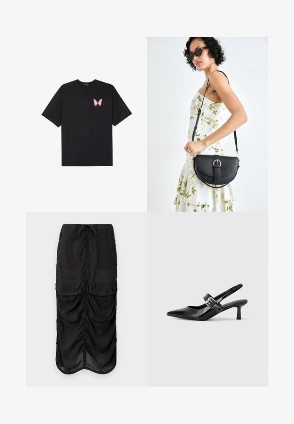 T-shirt en coton noir à manches courtes, avec un petit graphique de papillon rose sur la poitrine gauche. Modèle à col rond avec une coupe décontractée.; Jupe noire en tissu léger. Présente des détails froncés, deux poches avant et une taille avec cordon de serrage pour un ajustement optimal.; Escarpins slingback en cuir verni noir avec un bout pointu et un petit talon bloc, mettant en avant un accent en boucle argentée sur la sangle.; Sac à main en cuir noir avec une forme courbée, bandoulière amovible et des accessoires en or. Le sac est doté d'un rabat avec un détail de boucle.