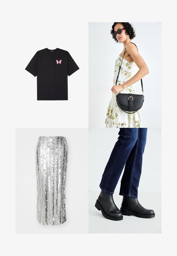 Tricou negru din bumbac cu mâneci scurte, având pe partea stângă a pieptului un mic grafic cu un fluture roz. Design cu guler rotund și croială lejeră.; Fustă tip creion din paiete argintii, cu dungi verticale, siluetă ajustată și o textură netedă, strălucitoare. Design elegant, potrivit pentru îmbrăcăminte formală.; Bocanci negri din piele cu tălpi groase și panouri elastice pe laterale, asortați cu blugi de culoare bleumarin. Solul este de culoare deschisă.; Geantă din piele neagră, cu o formă curbată, curea detașabilă și accesorii aurii. Geanta are un capac cu un detaliu tip cataramă.