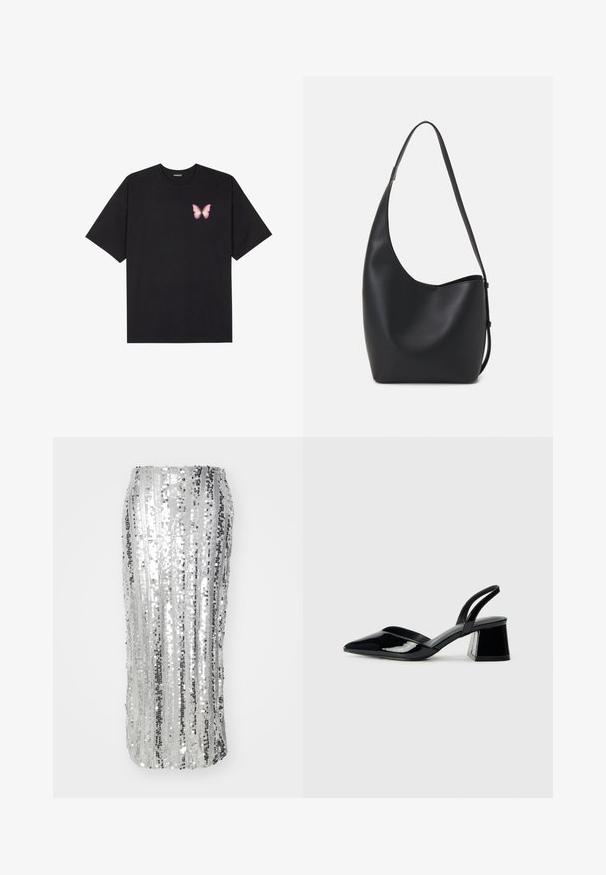 T-shirt nera in cotone con maniche corte, caratterizzata da una piccola grafica di una farfalla rosa sul lato sinistro del petto. Design a girocollo con una vestibilità rilassata.; Gonna a matita in paillettes argentate con strisce verticali, silhouette aderente e una texture liscia e scintillante. Design elegante adatto per occasioni formali.; Décolleté in vernice nera con punta affusolata e tacco in geometria cubica. Presentano un design elegante e minimalista, con una texture liscia.; Borsa hobo nera in pelle con una superficie liscia, forma curvata e una singola tracolla regolabile; presenta un'ampia apertura nella parte superiore.