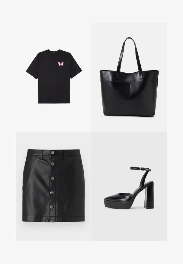 Schwarzes Baumwoll-T-Shirt mit kurzen Ärmeln, das ein kleines pinkes Schmetterlingsmotiv auf der linken Brust zeigt. Crewneck-Design mit einem entspannten Schnitt.; Schwarzer Lederrock mit einer taillierten Passform, ausgestattet mit fünf silbernen Metallknöpfen vorne und einem geraden Saum. Glatte Textur.; Schwarze Plateau-High Heels mit spitzem Zeh und verstellbarem Knöchelriemen. Gefertigt aus glattem Leder und mit einem klobigen Blockabsatz.; Schwarze Leder-Shopper-Tasche mit zwei langen Griffen, einer glatten Textur und einer strukturierten Form. Verfügt über eine Vordertasche für zusätzlichen Stauraum.
