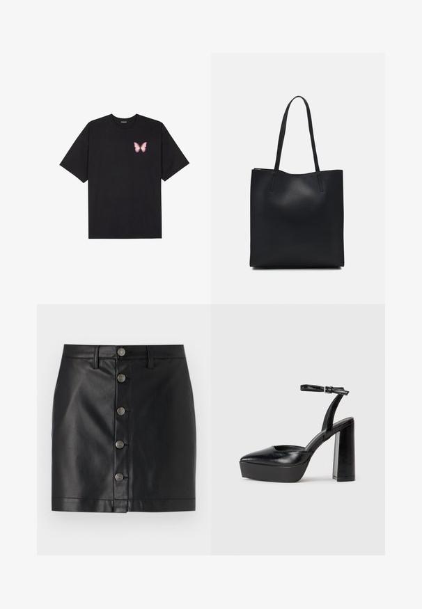 Black cotton t-shirt with short sleeves, featuring a small pink butterfly graphic on the left chest. Crew neck design with a relaxed fit.; Black leather skirt with a fitted design, featuring five silver metal buttons down the front and a straight hemline. Smooth texture.; Black platform heels with a pointed toe and adjustable ankle strap. Constructed from smooth leather, featuring a chunky block heel.; Black leather tote bag with smooth texture, rectangular shape, and two long handles. No visible hardware or embellishments.