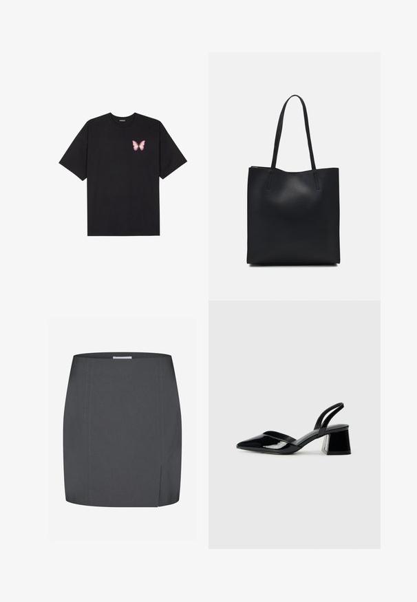 Melna kokvilnas T-krekls ar īsām piedurknēm, kuram priekšā kreisajā pusē ir neliels rozā tauriņa grafiskais attēls. Ar apaļu kaklu un brīvā stila piegriezumu.; Envii SPLIT - Zīmuļsvārki - grey; Melna lakota āda ar atvērto papēdi, ar smailu purngalu un ģeometrisku blokpapēdi. Iezīmējas elegants, minimāls dizains un gluda tekstūra.; Melnas ādas somiņa ar gludu tekstūru, taisnstūra formu un divām garām rokturiem. Nav redzamu aparatūras vai rotājumu.