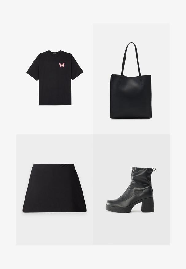 Juodas medvilnės marškinėliai trumpomis rankovėmis, su maža rožine drugelio grafika kairėje krūtinės pusėje. Apvalus kaklo iškirpimas, laisvas kirpimas.; Juodas trapezoidinis audinio apdangalas su lygia tekstūra, besiūlių dizainu ir nematomais tvirtinimais. Paprasta forma, tinkama daugybėms naudojimams.; Juodos kulkšninių botai, pagaminti iš lygaus odos, su šoniniu užtrauktuku, masyviu tekstūruotu kulnu ir apvaliu pirštu.; Juodas odinis tote krepšys su lygia tekstūra, stačiakampio formos ir dviem ilgais rankenomis. Matomų metalinių detalių ar puošybos nėra.