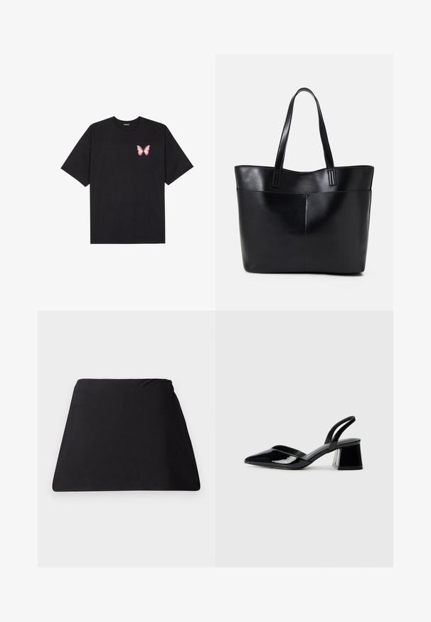 Črna bombažna majica s kratkimi rokavi, ki ima majhen roza metuljček na levi strani prsnega dela. Majica s krožnim ovratnikom in sproščenim krojem.; Črn trapezoidni tekstilni pokrov z gladko teksturo, brezšivno zasnovo in brez vidne strojne opreme. Poenostavljena oblika, primerna za večkratno uporabo.; Črne lakirane slingback pete s koničastim nosom in geometrijsko blokasto peto. Imajo eleganten, minimalističen dizajn in gladko teksturo.; Črna usnjena torba z dvema dolgima ročajema, gladko teksturo in strukturirano obliko. Ima sprednji žep za dodatno shranjevanje.