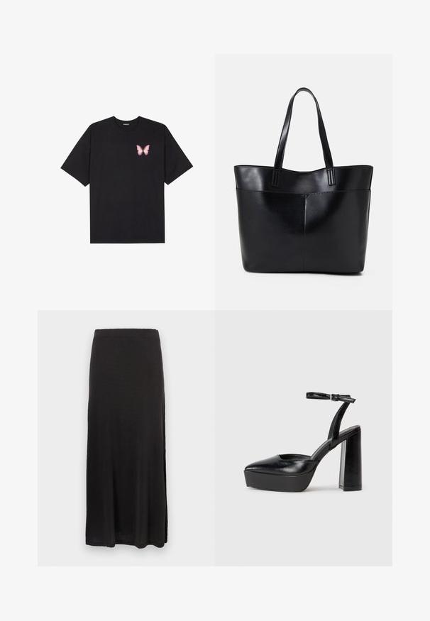 Black cotton t-shirt with short sleeves, featuring a small pink butterfly graphic on the left chest. Crew neck design with a relaxed fit.; Black maxi skirt made of soft fabric, featuring a straight silhouette with a side slit, smooth texture, and an elastic waistband.; Black platform heels with a pointed toe and adjustable ankle strap. Constructed from smooth leather, featuring a chunky block heel.; Black leather tote bag with two long handles, a smooth texture, and a structured shape. Features a front pocket for additional storage.